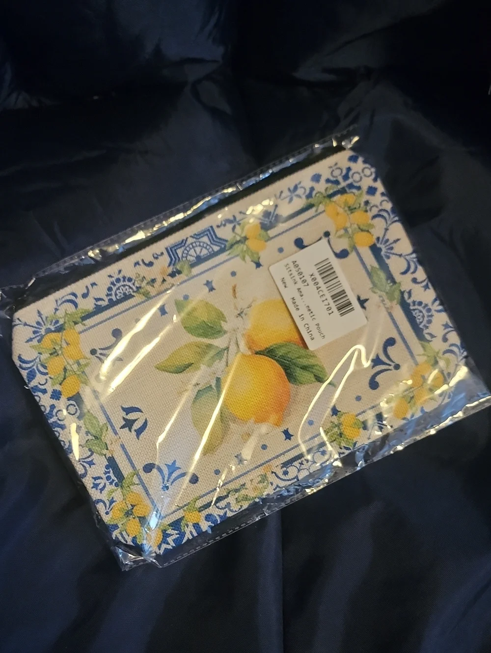 Canvas Lemon Print Cosmetic Bag with Blue Floral Border